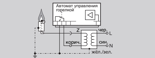 Одноэлектродная схема подключения (розжтг горелки и контроль факела по одному электроду)